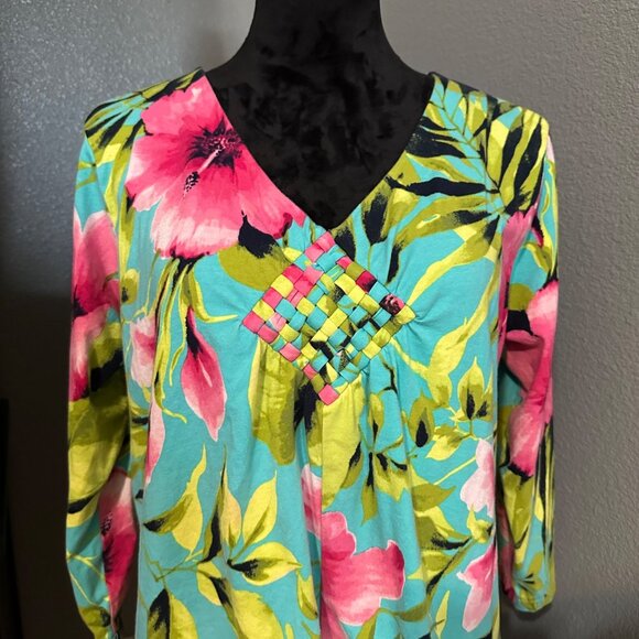 Caribbean Joe Top Womens XL Floral Tunic V-Neck 3/4 Sleeve Boho Beachcore - Picture 2 of 8